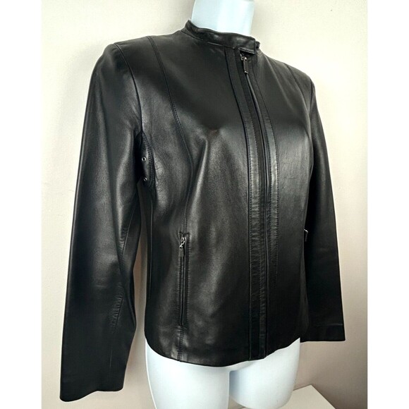 Cole Haan Women's Lambskin Leather Moto Biker Jacket Black Size XS - Picture 2 of 16